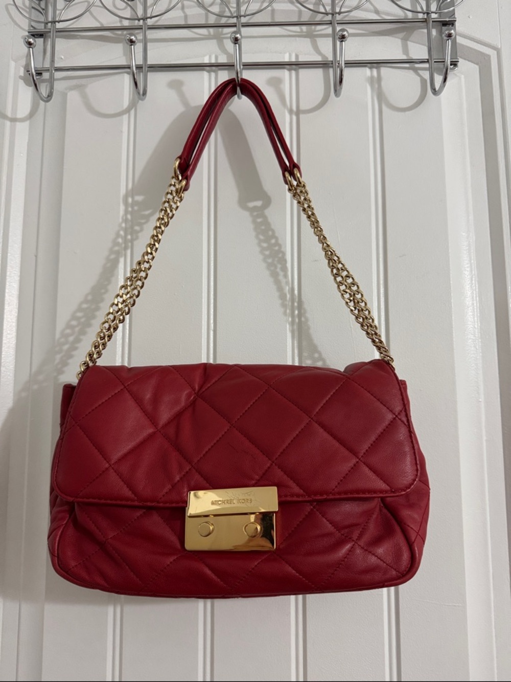 Michael Kors Quilted Burgundy Shoulder Bag with Gold Hardware
